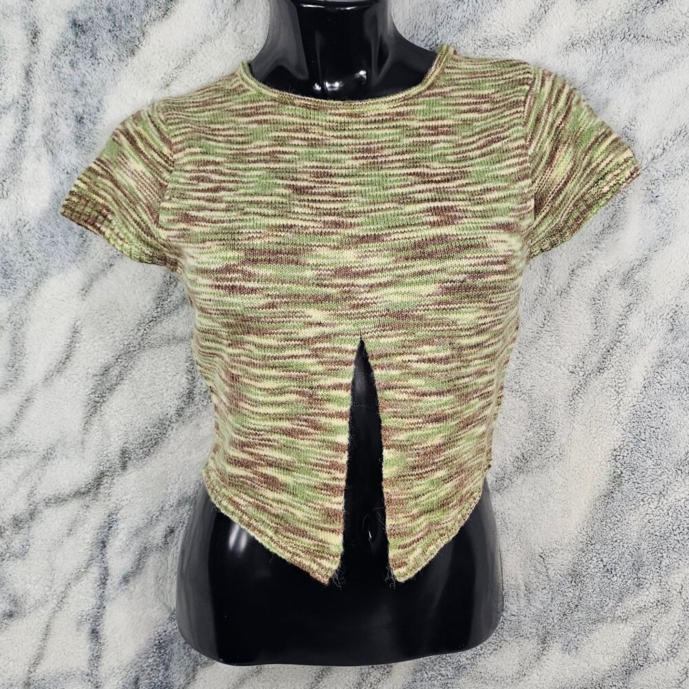 MOTEL Large Space Dye Split Front Crop Top Knit Green Brown Sweater Top NWT